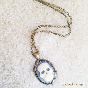 White Skull Baby Blue Cameo Bow Necklace Spooky Goth Gothic Lolita